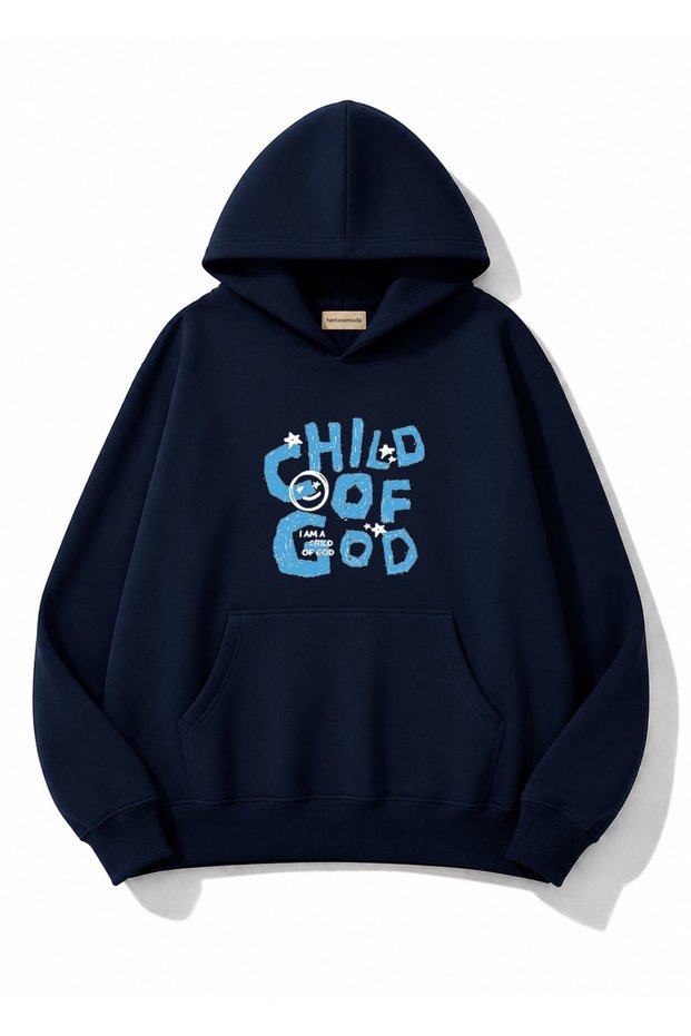 Chil of God Text Printed Oversize Sweatshirt with Kangaroo Pocket