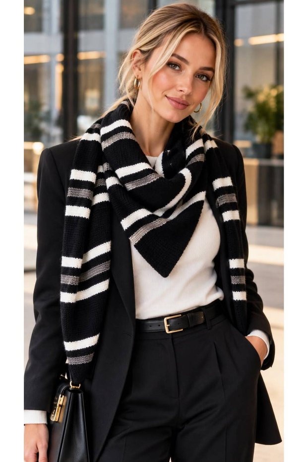 Black Knitwear Striped Triangle Shawl 140X14 cm