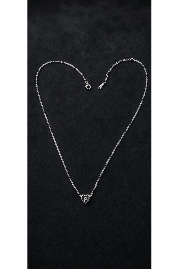 Silver Color -A- Letter Heart Detailed Minimal Thin Chain Steel Necklace -Tarnish Resistant-45Cm