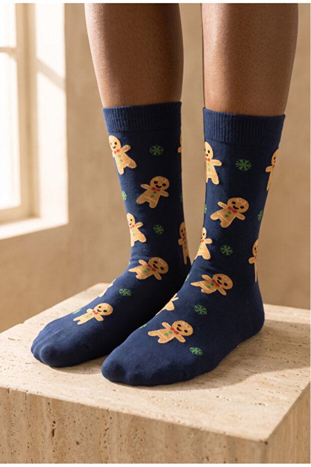 Unisex Ginger Breadman Patterned Christmas Themed Socks Navy Blue