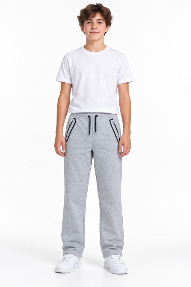32510-26 Boy's 2 Thread Sweatpants, Elastic Waist and Lace-Up, Wide Leg with Zipper Pockets 13-16 Years Old