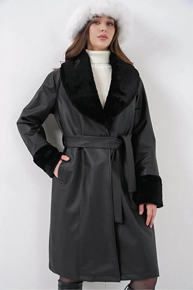 Furry Faux Leather Black Women's Coat 1045