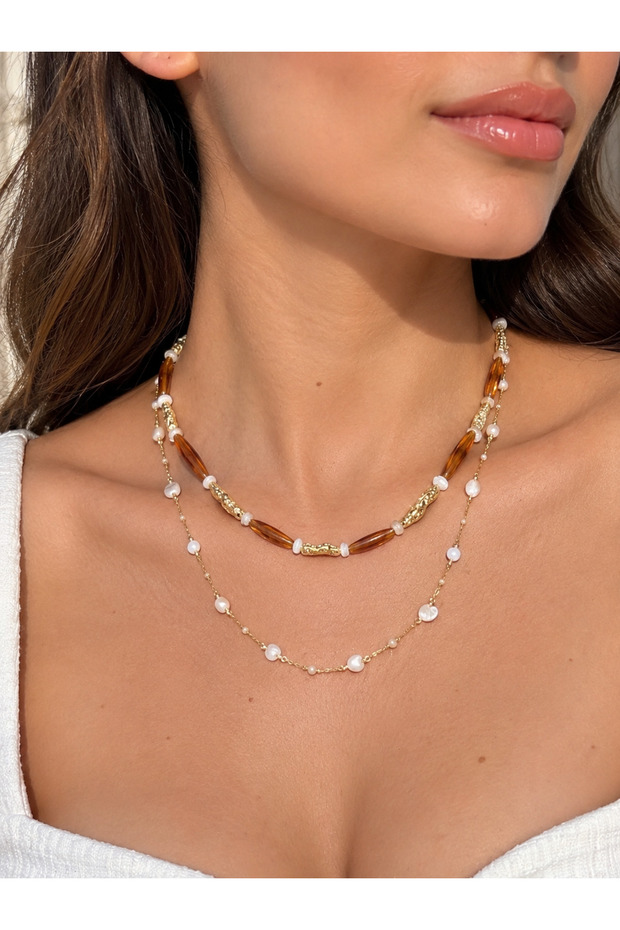 Steel 2-Piece Coffee Color, Gold, Pearl Necklace Set