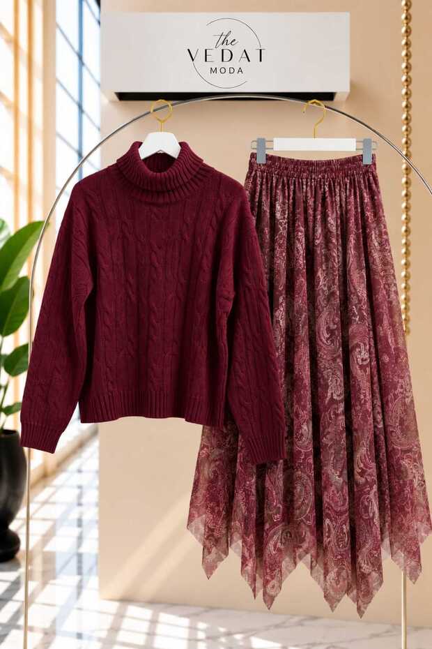 Women's High-Neck Sweater Detailed Tulle Skirt Set -0620