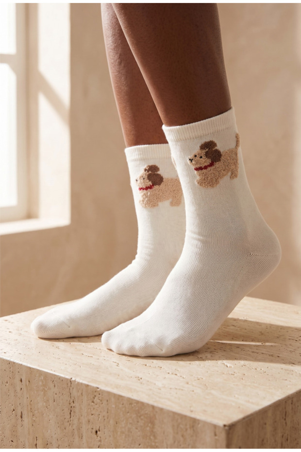 Women's Dog Cotton Socks Ecru