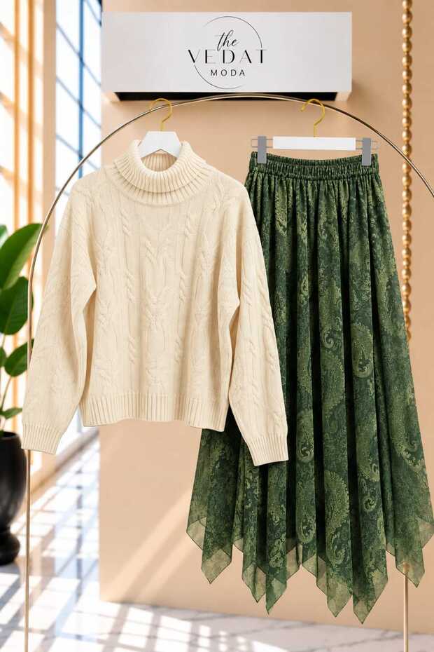 Women's High-Neck Sweater Detailed Tulle Skirt Set -0620