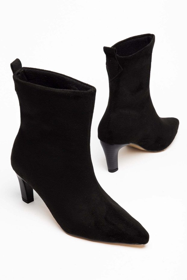 Women's Thin Heeled Boots Black Suede Stitched Front with Horizontal Heel