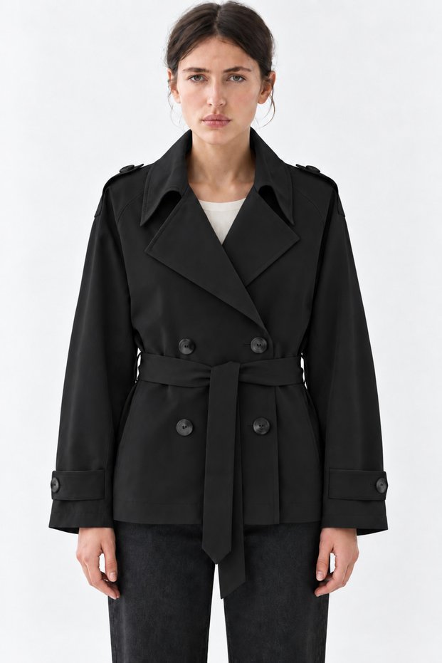 Double-Breasted Collar Belted Waist Lined Flowy Short Trench Coat Black