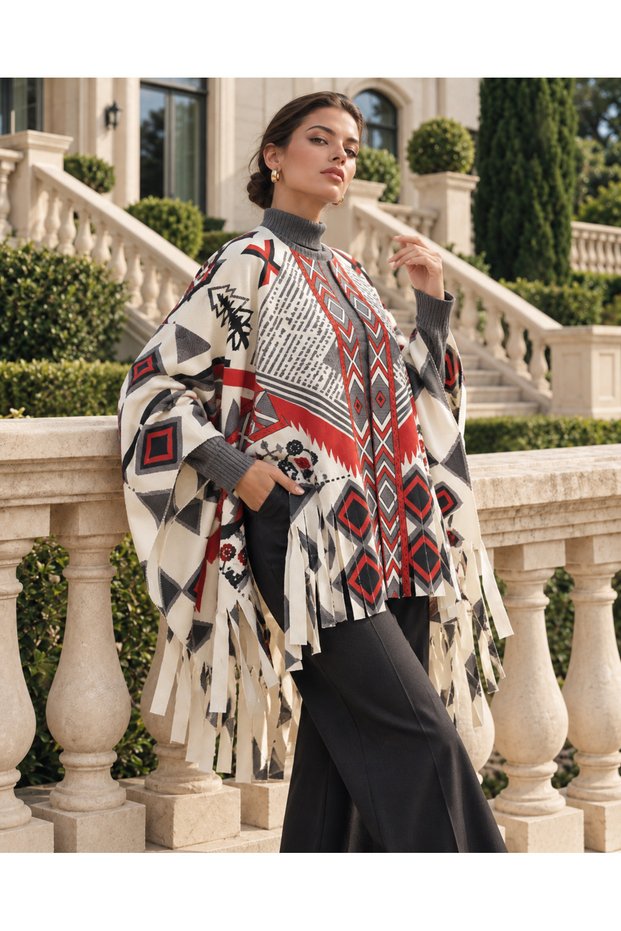 Choose Your Style Ethnic Geometry Motif Tasseled Square Poncho Winter Soft Fleece 150 X 150 cm