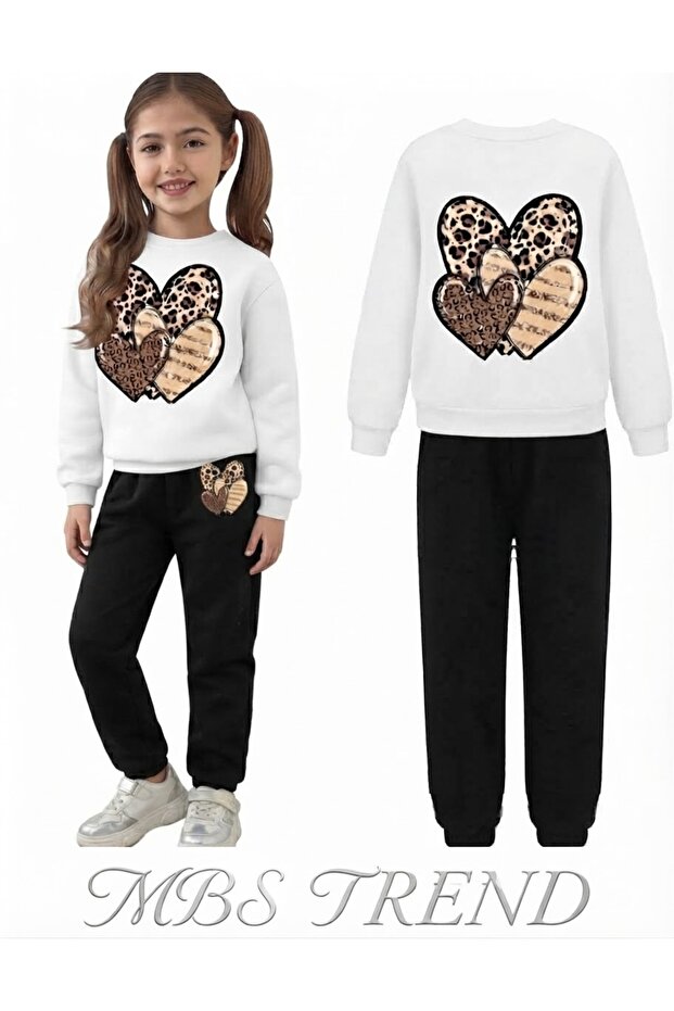 Winter Girls' Leopard Heart Printed 2-Piece Tracksuit Set Sweatshirt and Sweatpants