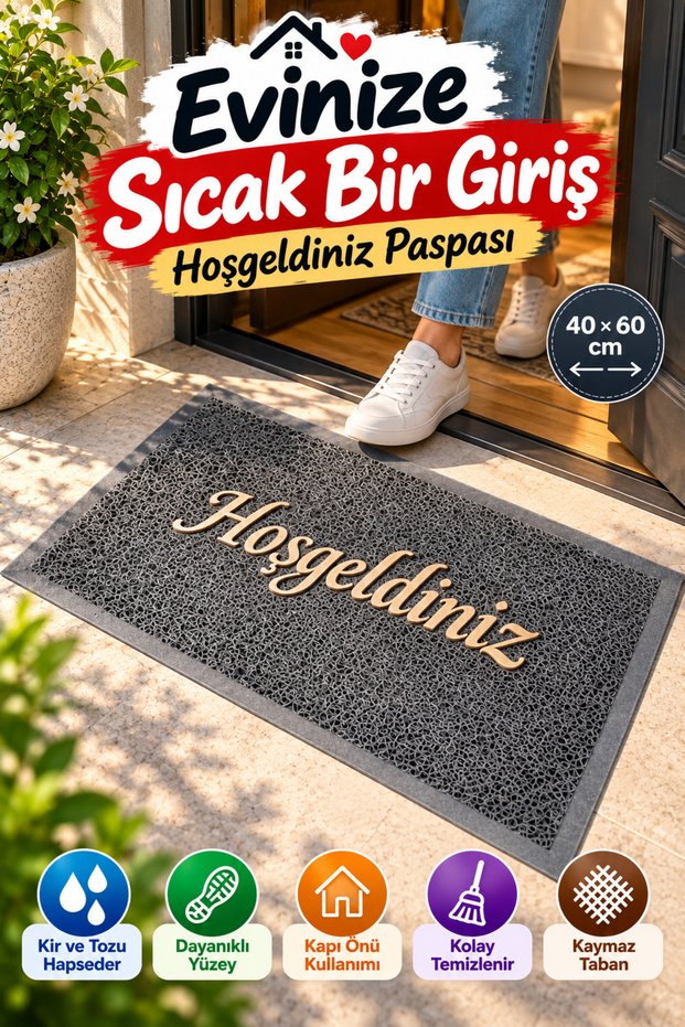 Gray 40X60 cm Welcome Written Door Mat Curly Textured Gold Written Decorative Home Mat