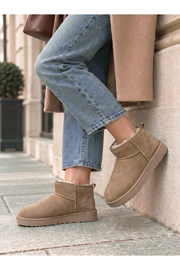 Women's Beige Mini Suede Fur Lined Low Thin Sole Winter Boots
