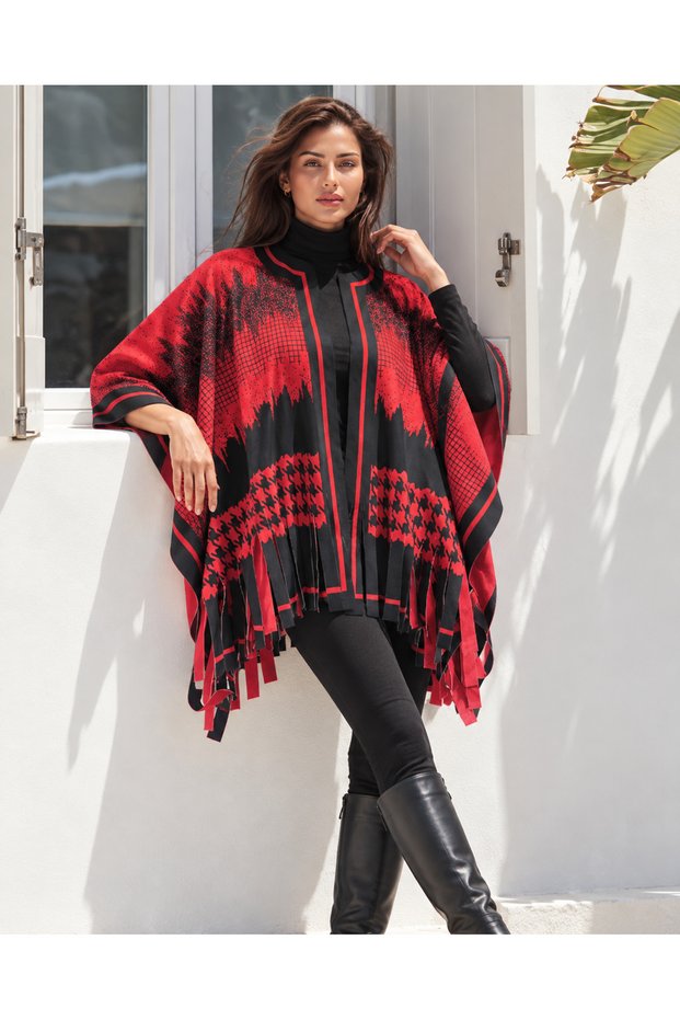 Choose Your Style Crow's Feet Patterned Red Tasseled Square Poncho Winter Soft Fleece 150 X 150 cm