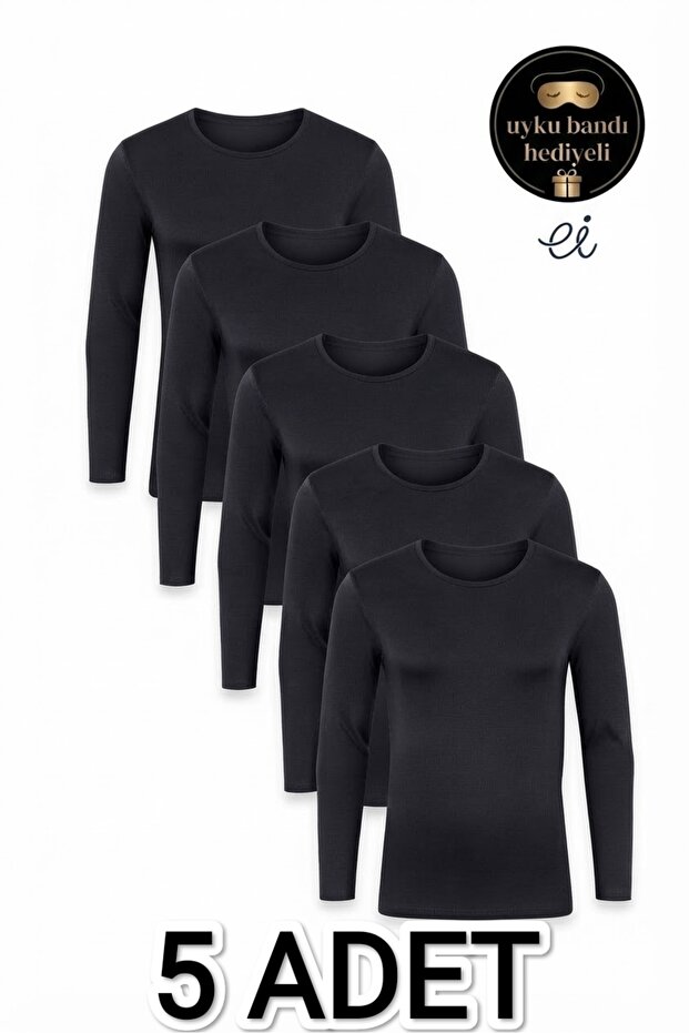 Pack of 5 Black Men's Thermal Undershirts (Long Sleeve Undershirts) – Special Production with Sleep Band as a Gift