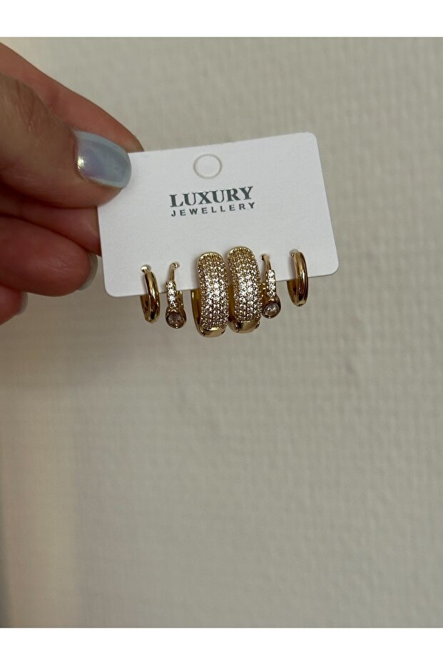 Gold 6-Piece Multi-Hoop Earring Set with Zircon Stone Detail Earring Combination