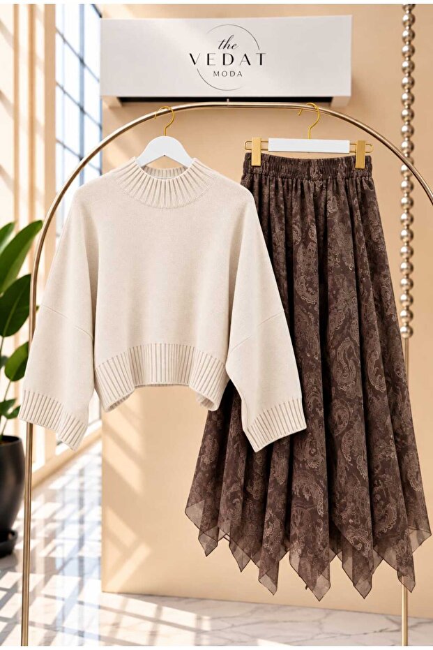 Women's Oversize Knitwear Blouse - Asymmetrical Cut Tulle Skirt Set -0630