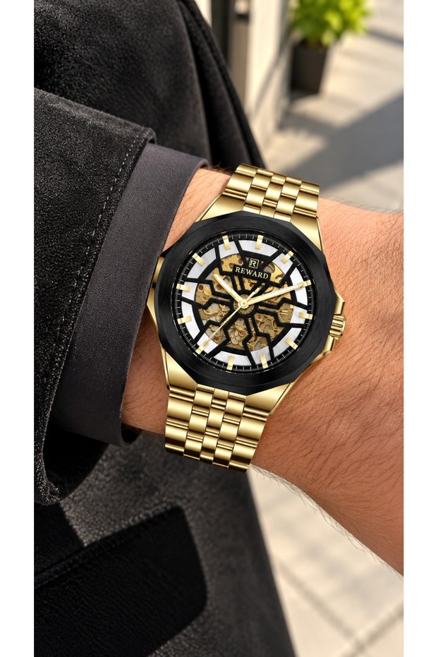 Automatic-Battery-Free Yellow Color Steel Cord, Skeleton Case, Men's Wristwatch in Stylish Gift Box