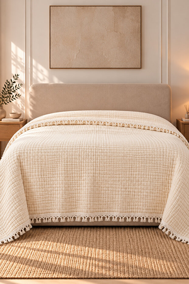 100% Cotton 8 Layer Muslin Double Bedspread Ecru 220X240 cm