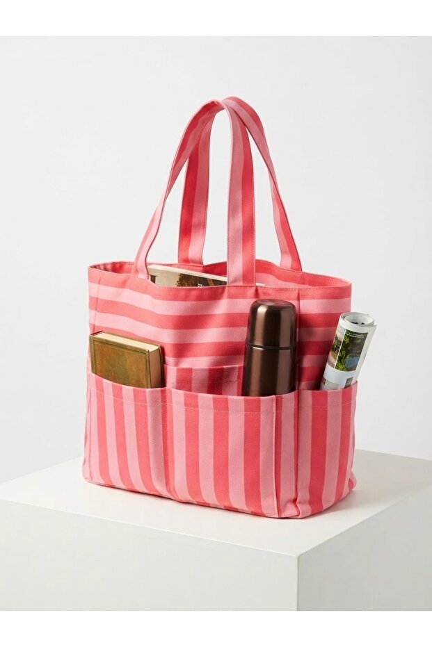 Pink Striped Multi-Pocket Tote Mother Baby School Shoulder Bag - Large Size Liquid and Stain Repellent