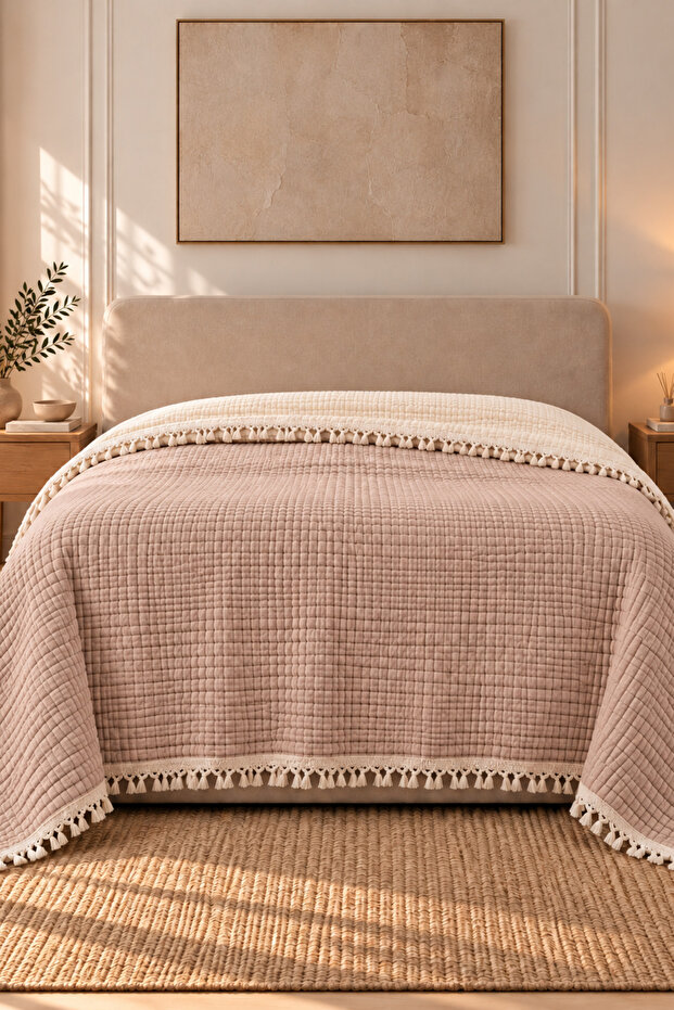 100% Cotton 8 Layer Muslin Double Bedspread Beige 220X240 cm