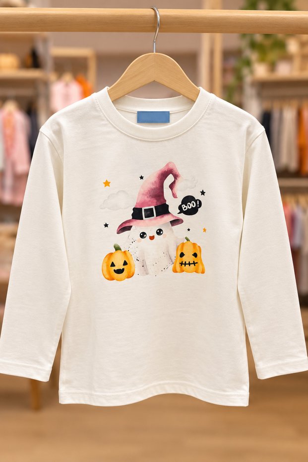 Halloween Kids' Long Sleeve Tshirt – Cute Ghost and Pumpkin Pattern with Witch Hat