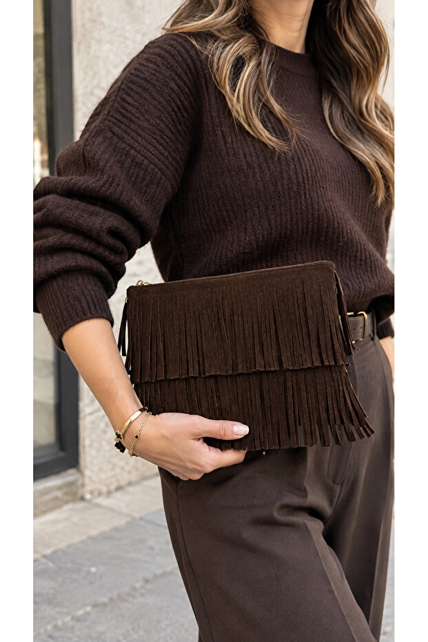 Serenay Tasseled Suede Bitter Coffee Tablet Portvöy Women's Bag