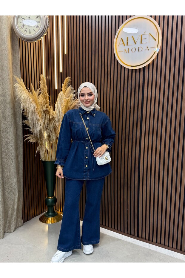 Evin Women's Denim Jeans Set Belted Shirt Pants with Gold Button Detail | Navy Blue