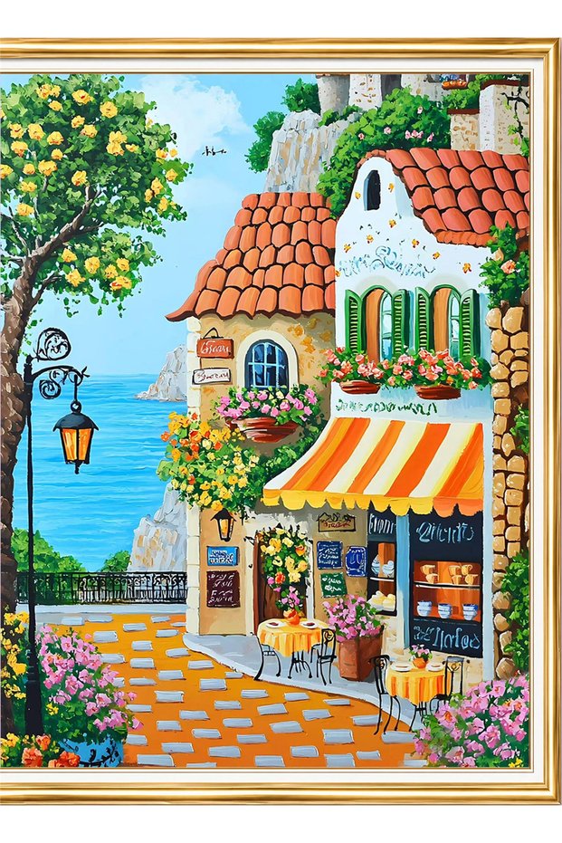 Diamond painting puzzle kit, seaside floral cafe 40x50 cm mosaic