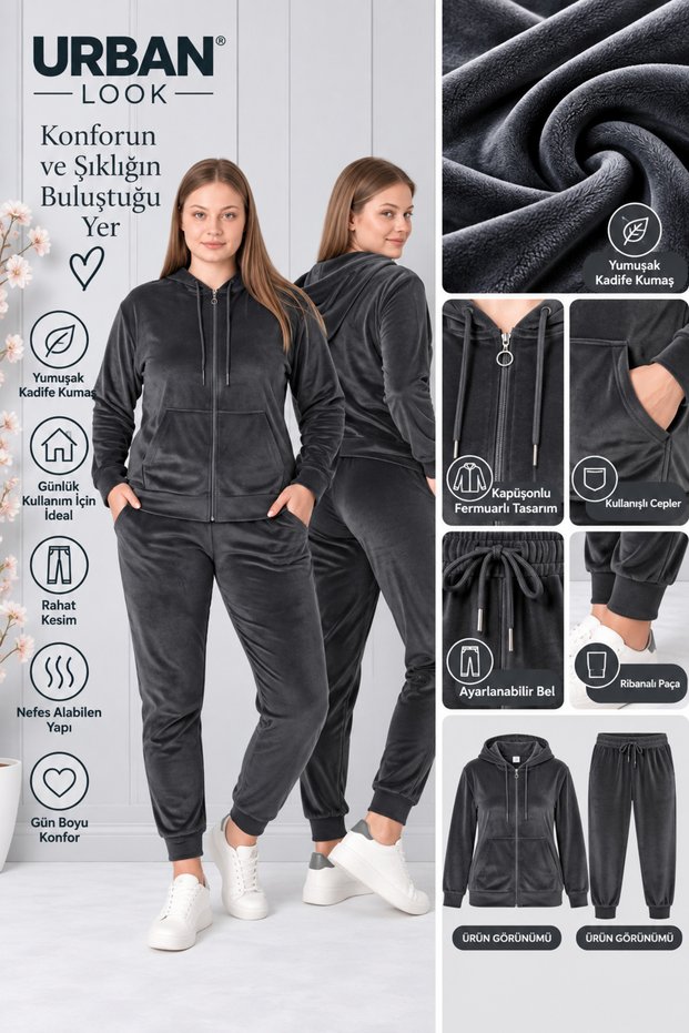 Plus Size Women's Velvet Pajama Set – Cozy Loungewear with Zip-Up Hoodie