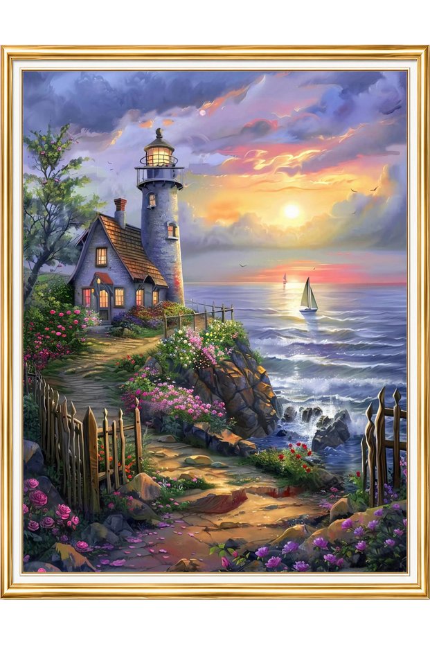 Diamond painting puzzle kit, lighthouse and cottage at sunset 40x50 cm mosaic