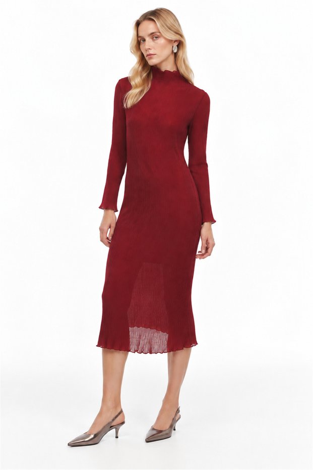 Burgundy High Neck Long Sleeve Midi Dress