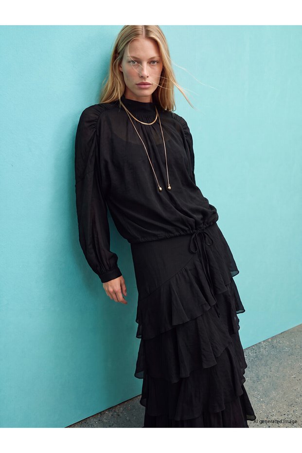 Two Mt Shop Quality Lcw Vision Black Plain Stand Collar Long Sleeve Women's Blouse