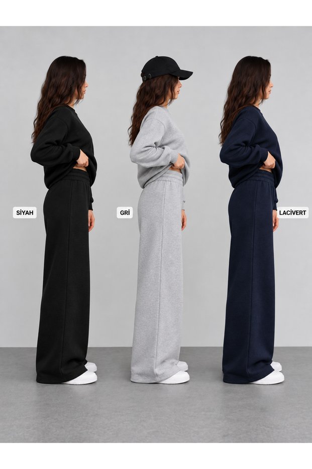 3 (Pieces) Winter Fleece-Lined Black Gray Navy Blue Sweatpants with Fleece Inside
