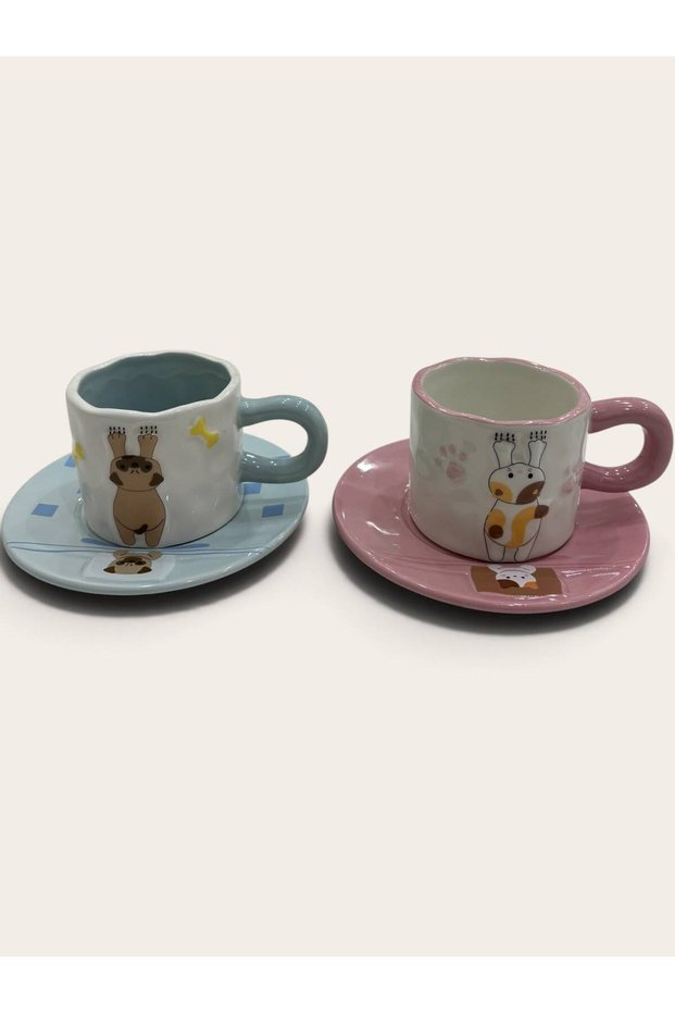 Set of 2 Porcelain Coffee Cups with Saucers and Cute Cat and Dog Figures