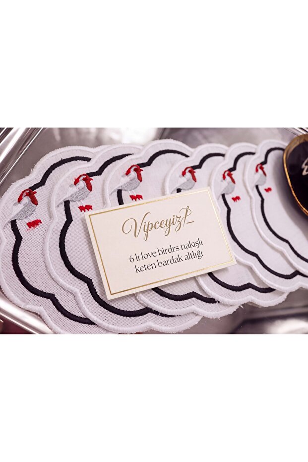 Black&White Love Birds Patterned Embroidered Linen Coasters (6 Pieces)