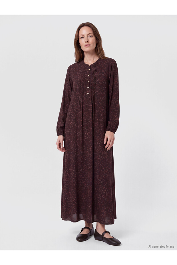 Two Mt Shop Quality Lcw Grace Brown Patterned Standard & Regular Oval Neck Long Dress