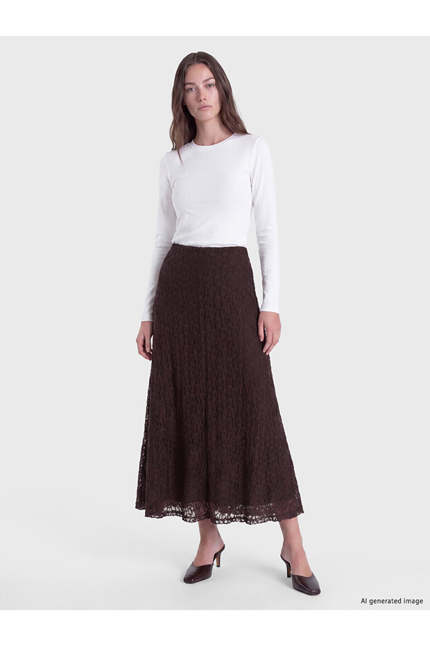 Alita City Lcw Modest Brown Lace Patterned Midi Women's Skirt with a Difference
