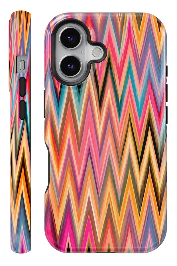 iPhone 16 Plus Rainbow Zigzag Double Layer Full Covering Print Glossy Protect Phone Case
