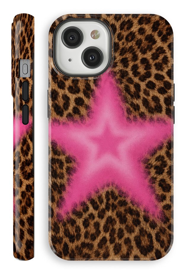 iPhone 14 Plus Pink Star Leopard Double Layer Full Covering Printing Glossy Protect Phone Case