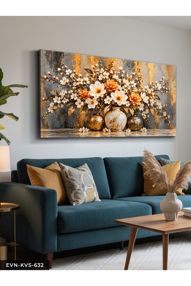 Gold Detailed Orange White Flowers One Piece Canvas - Canvas Painting