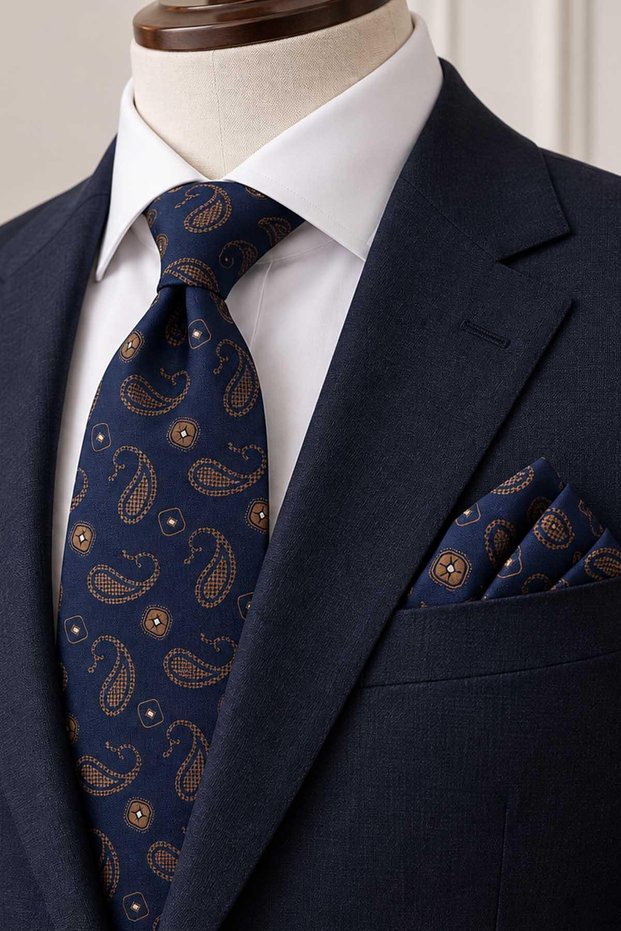 Navy Blue Shawl Patterned Classic Tie with Handkerchief Kk14020