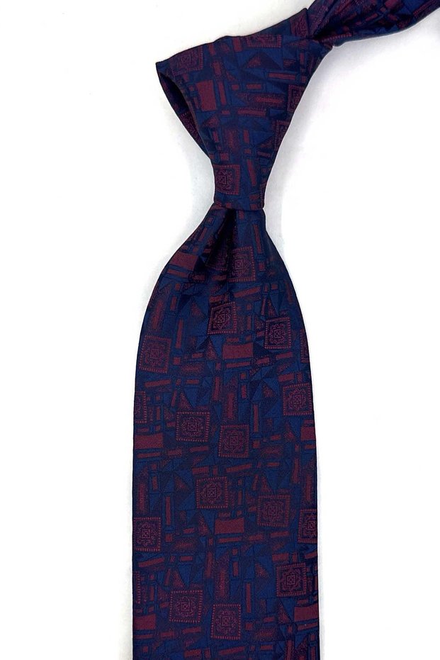 Navy Blue Claret Red Motif Patterned Classic Tie with Handkerchief Kk14036