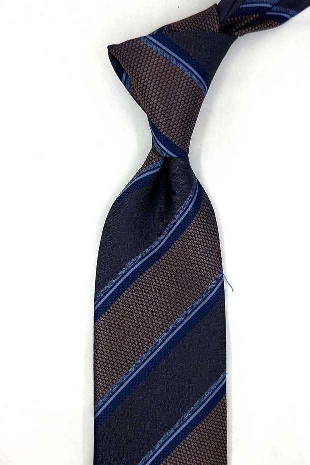 Coffee Navy Blue Stripe Pattern Classic Tie with Handkerchief Kk14035