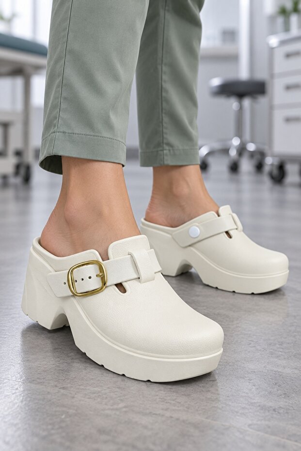045 7 cm High Heeled Chef Hospital Doctor Nurse Women's Slippers Ecru