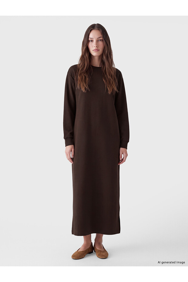 Brown Crew Neck A-Line Sweat Dress