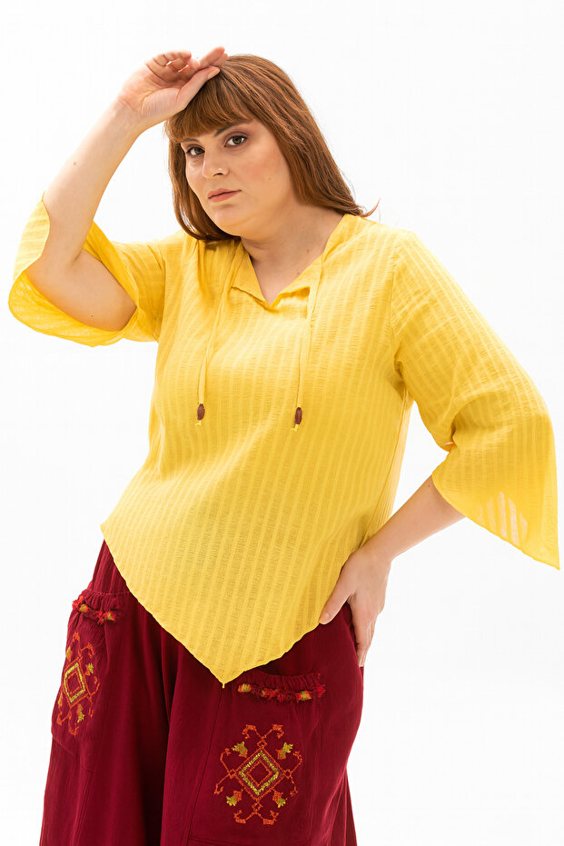Three Quarter Sleeve Large Size Seersucker Rodos Summer Blouse Yellow Yellow
