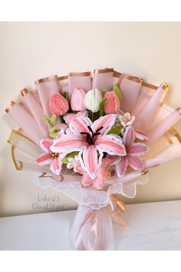 Handmade Pink Pipe Cleaner Flower Bouquet with Lilies & Tulips | Artificial Floral Arrangement | No Maintenance | Gift for Wife, Mother, Girlfriend | Wedding, Anniversary, Graduation & Birthday