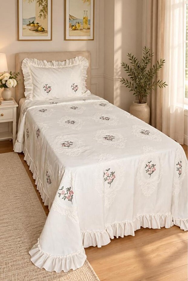 Ruffle Gardenlove Embroidered Chenille 2 Piece Single Bedspread Cream