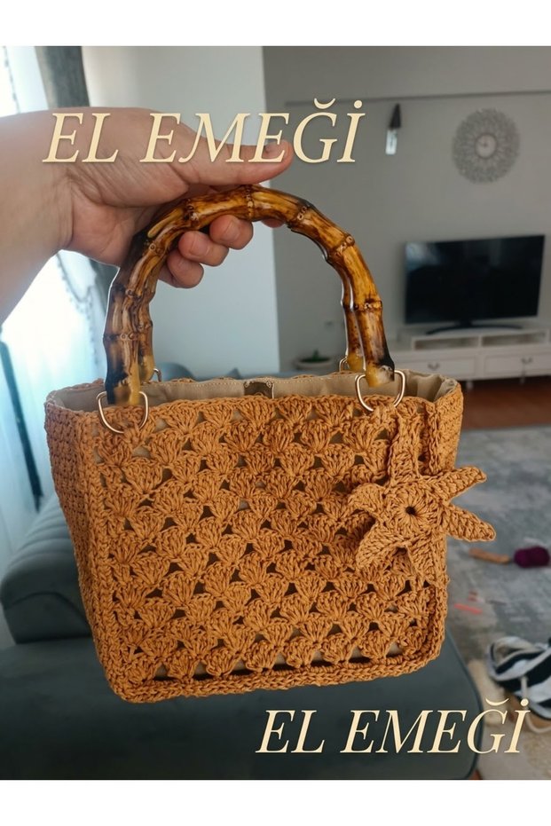 Kağıt ipten bambu saplı çanta