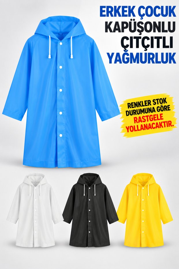 Boys' Hooded Snap-On Eva Raincoat – Waterproof, Lightweight, and Foldable